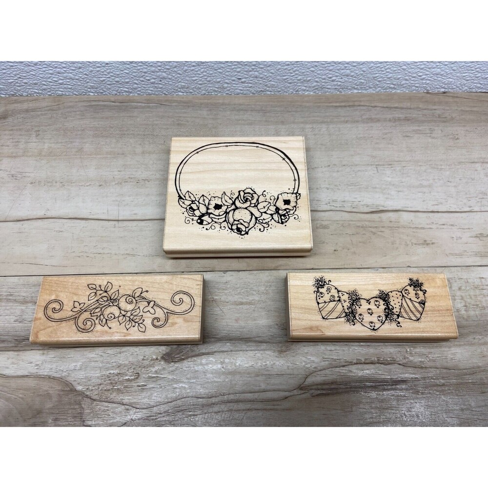 Lot Of 3 Mixed Brands Wood Mounted Rubber Stamps